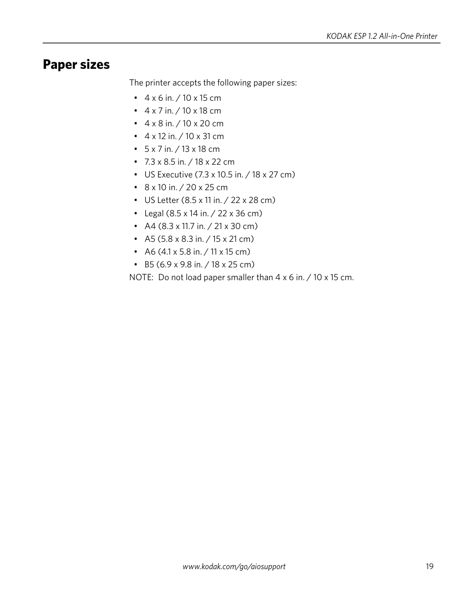 Paper sizes | Kodak ESP 1.2 User Manual | Page 24 / 100