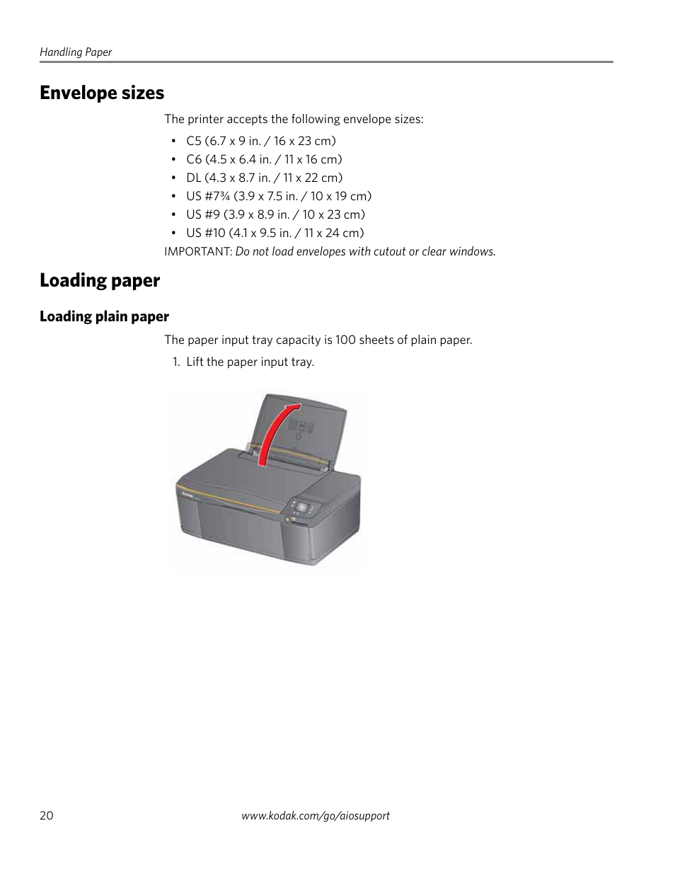 Envelope sizes, Loading paper, Loading plain paper | Envelope sizes loading paper | Kodak ESP 1.2 User Manual | Page 25 / 100