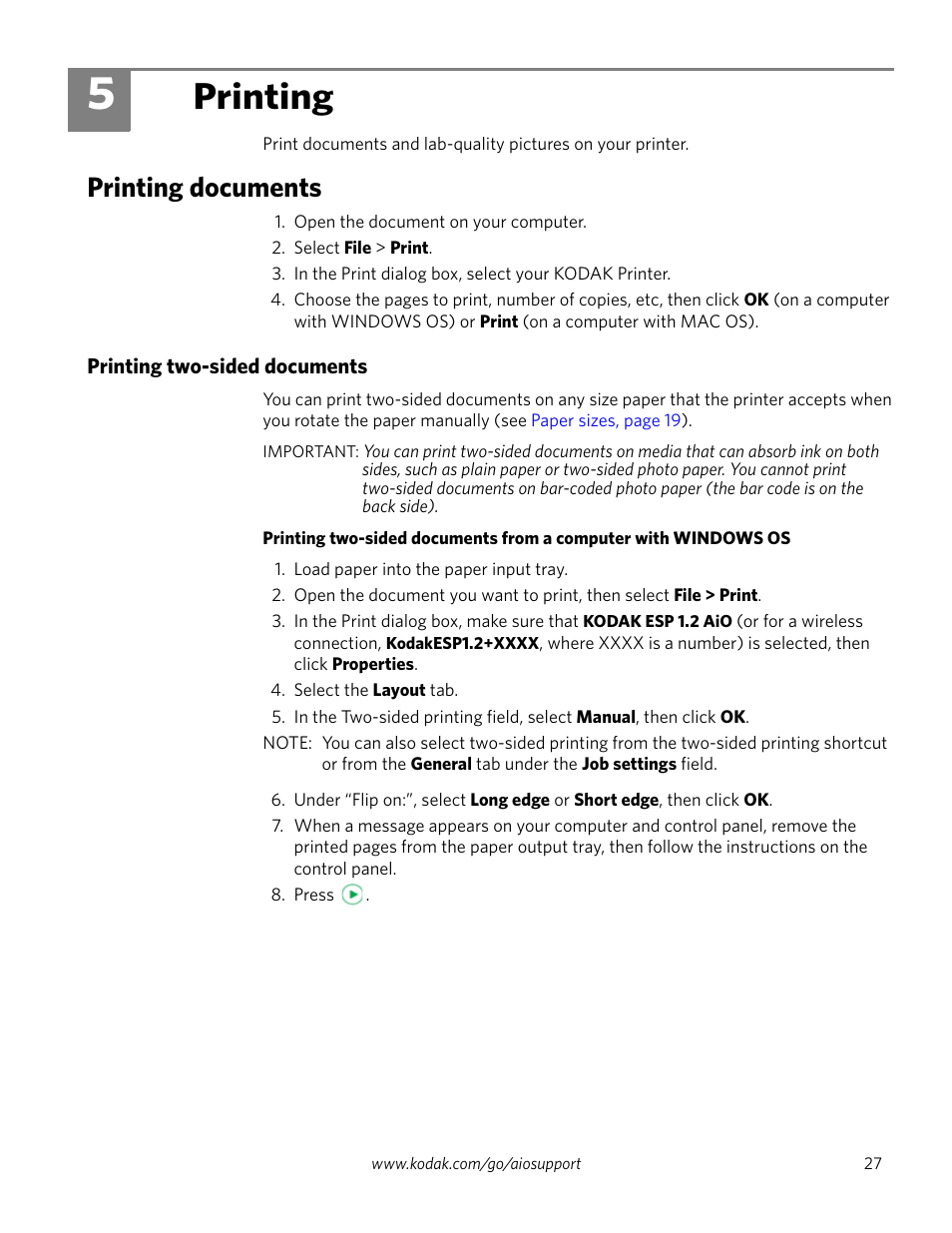 Printing, Printing documents, Printing two-sided documents | 5 printing | Kodak ESP 1.2 User Manual | Page 32 / 100