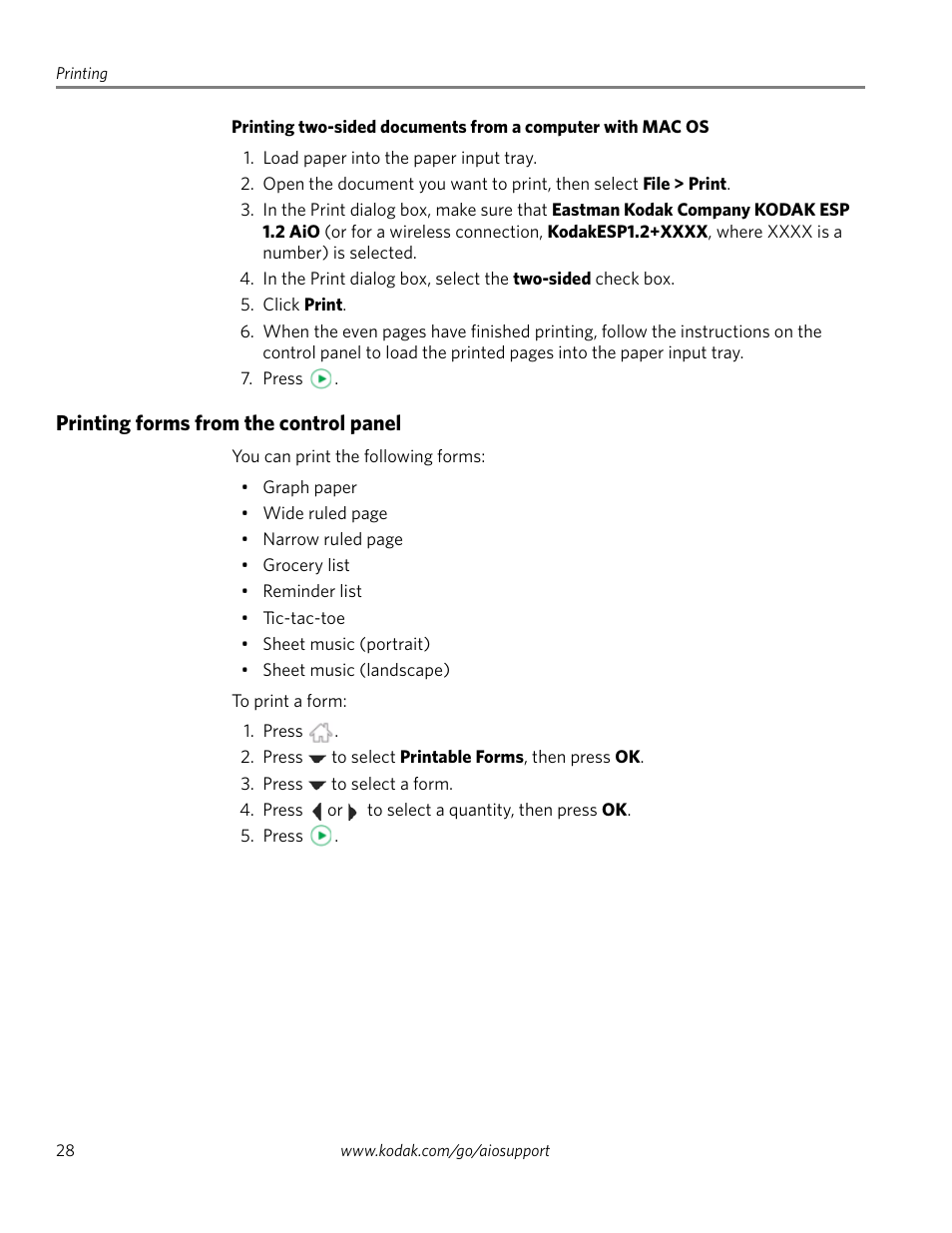 Printing forms from the control panel | Kodak ESP 1.2 User Manual | Page 33 / 100