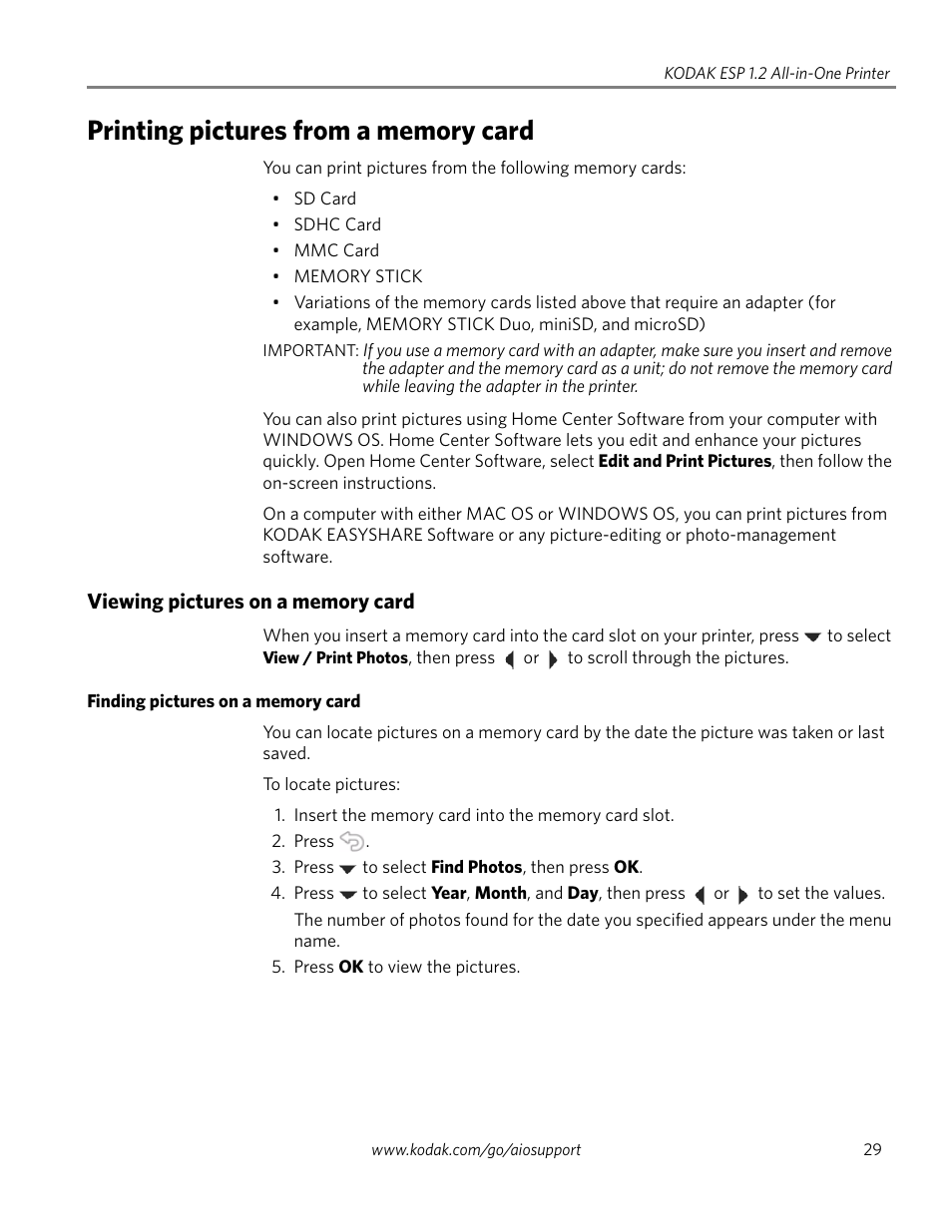 Printing pictures from a memory card, Viewing pictures on a memory card, Finding pictures on a memory card | Kodak ESP 1.2 User Manual | Page 34 / 100