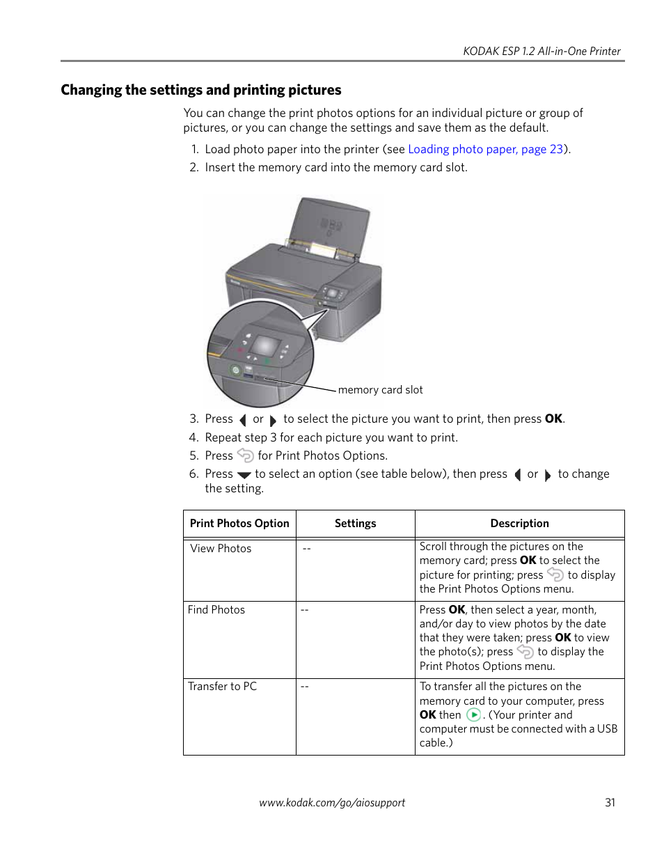 Changing the settings and printing pictures | Kodak ESP 1.2 User Manual | Page 36 / 100