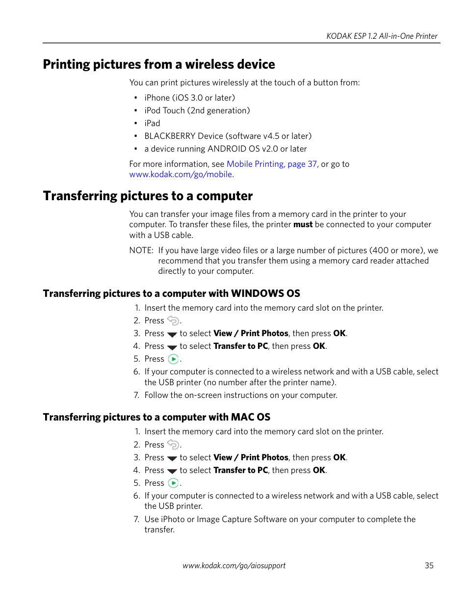 Printing pictures from a wireless device, Transferring pictures to a computer, Transferring pictures to a computer with mac os | Kodak ESP 1.2 User Manual | Page 40 / 100