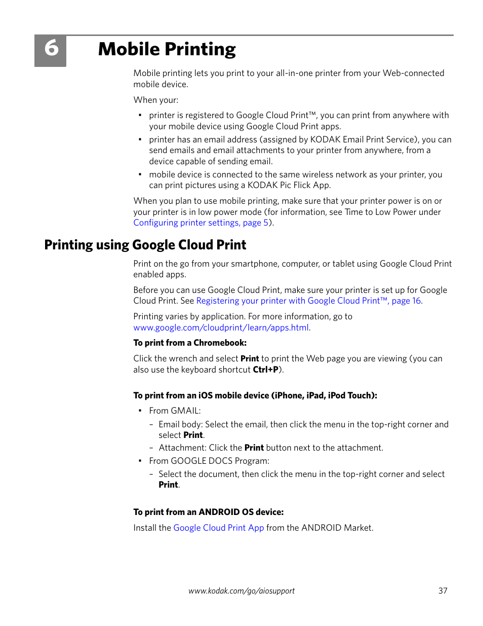 Mobile printing, Printing using google cloud print, 6 mobile printing | Kodak ESP 1.2 User Manual | Page 42 / 100