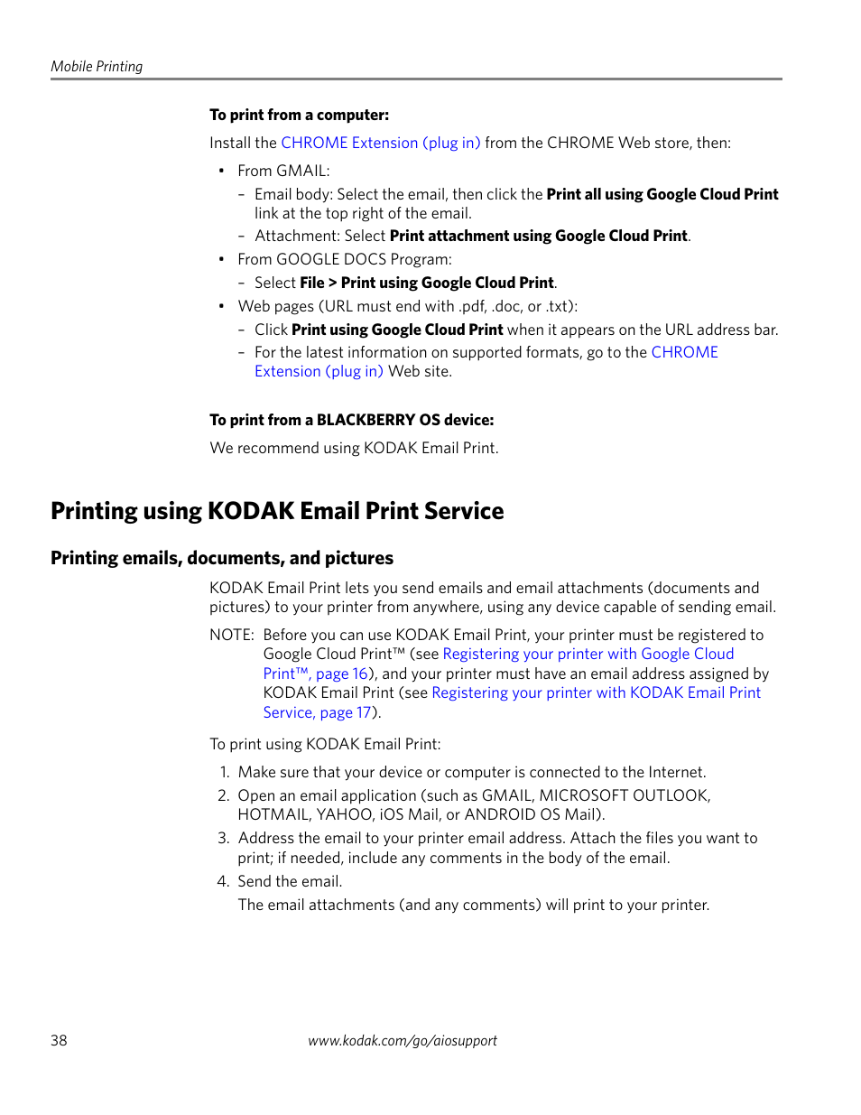 Printing using kodak email print service, Printing emails, documents, and pictures, Ion about printing, see | Kodak ESP 1.2 User Manual | Page 43 / 100