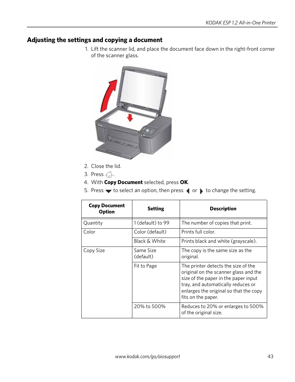 Adjusting the settings and copying a document | Kodak ESP 1.2 User Manual | Page 48 / 100