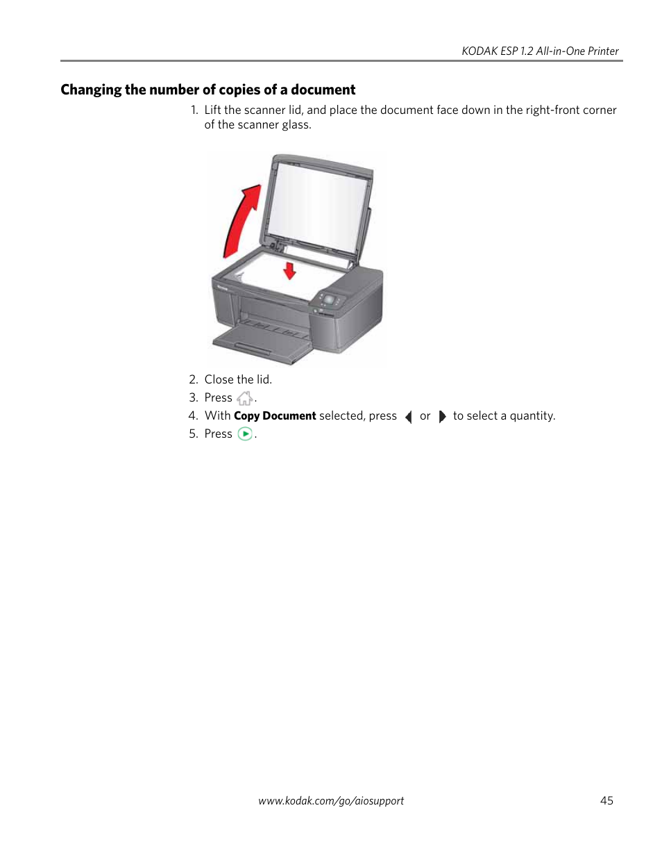 Changing the number of copies of a document | Kodak ESP 1.2 User Manual | Page 50 / 100