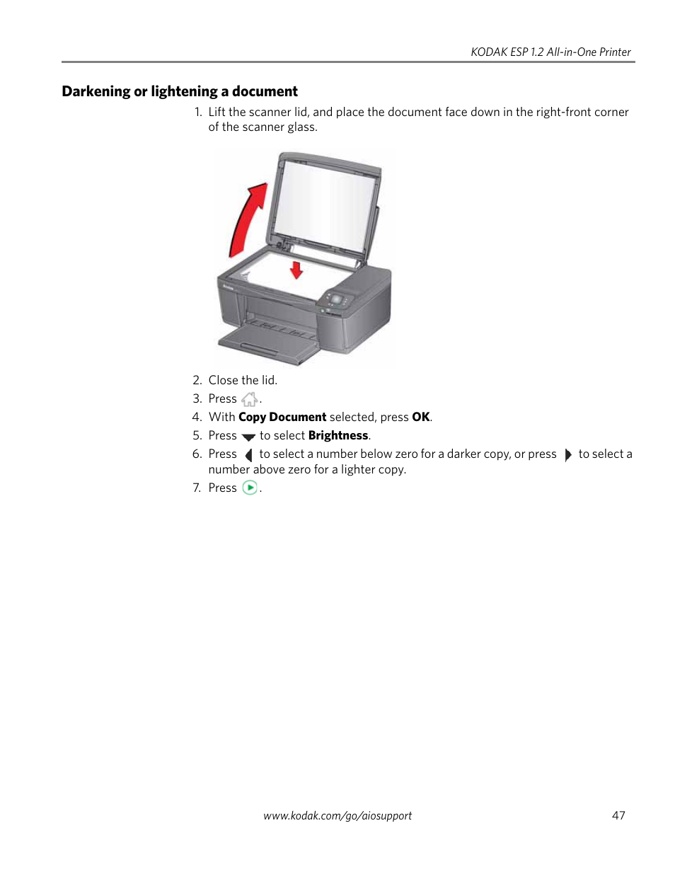 Darkening or lightening a document | Kodak ESP 1.2 User Manual | Page 52 / 100