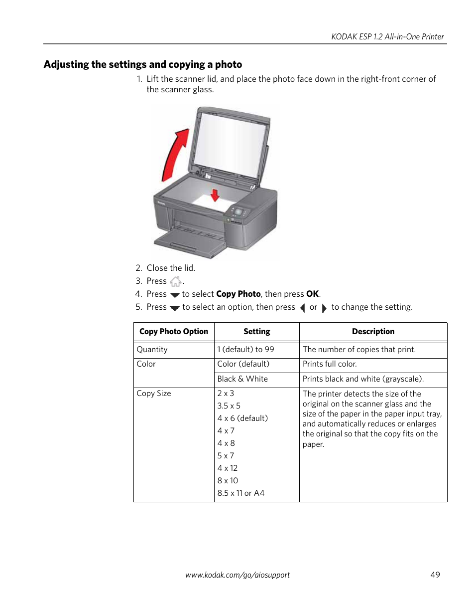 Adjusting the settings and copying a photo | Kodak ESP 1.2 User Manual | Page 54 / 100