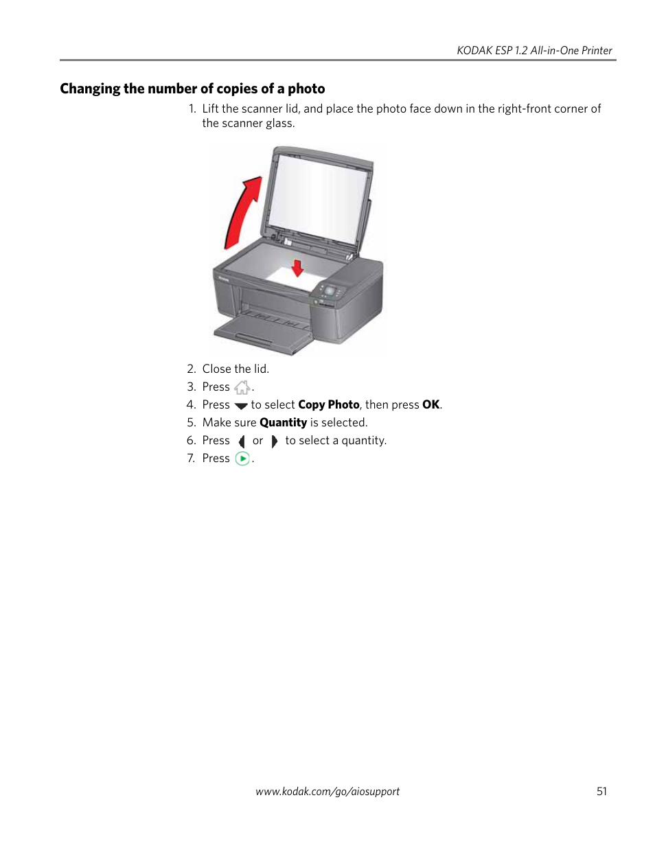 Changing the number of copies of a photo | Kodak ESP 1.2 User Manual | Page 56 / 100