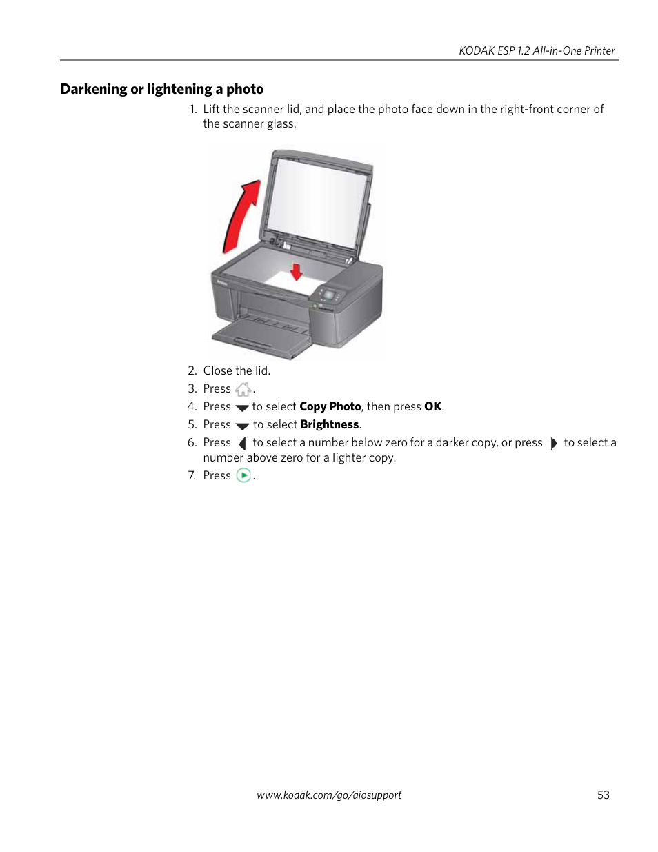 Darkening or lightening a photo | Kodak ESP 1.2 User Manual | Page 58 / 100