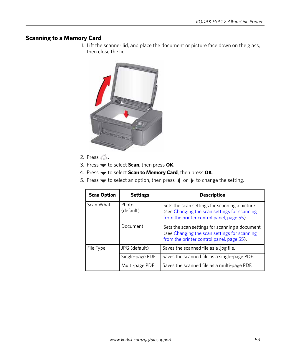 Scanning to a memory card | Kodak ESP 1.2 User Manual | Page 64 / 100