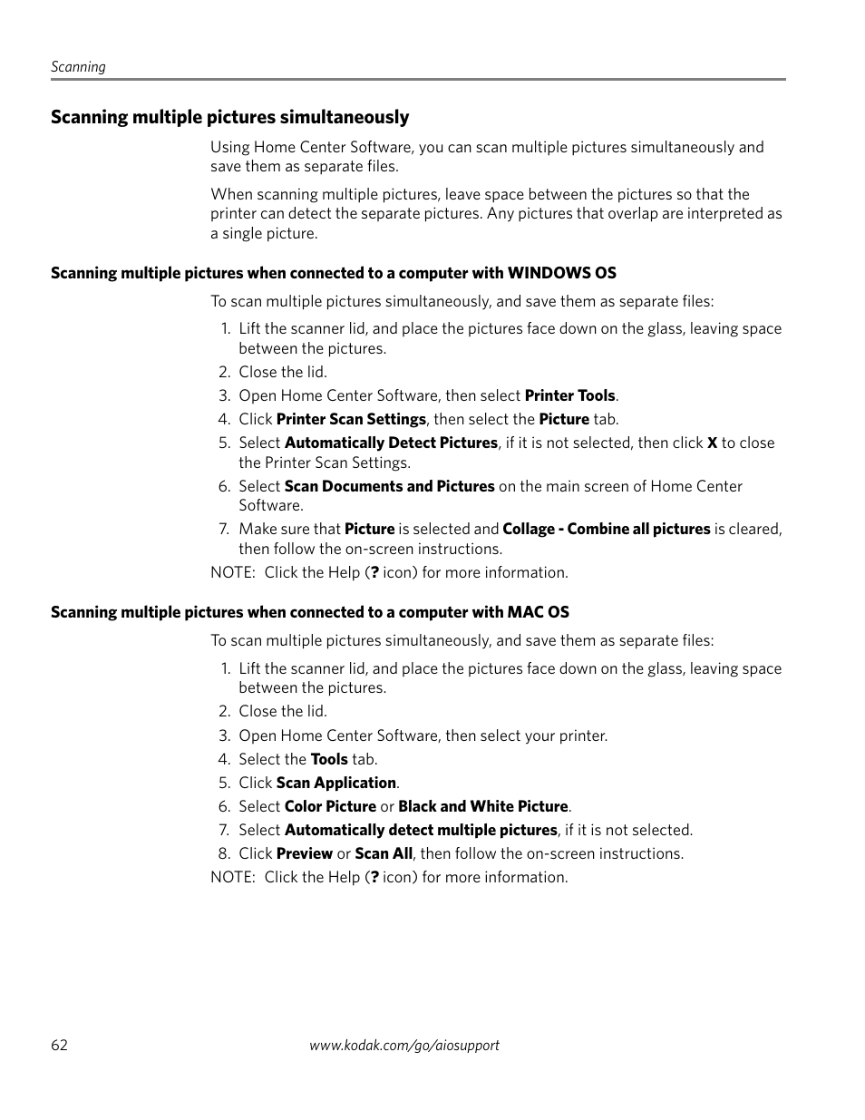 Scanning multiple pictures simultaneously | Kodak ESP 1.2 User Manual | Page 67 / 100