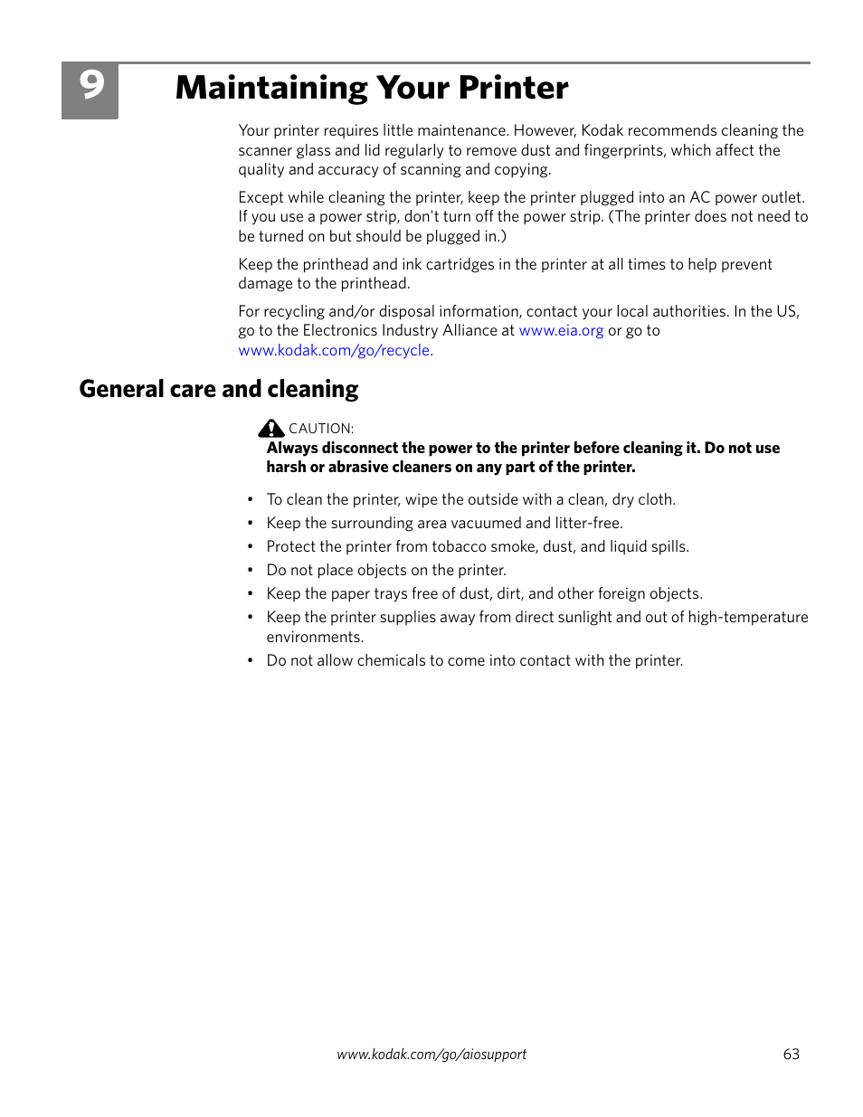 Maintaining your printer, General care and cleaning, 9 maintaining your printer | Kodak ESP 1.2 User Manual | Page 68 / 100