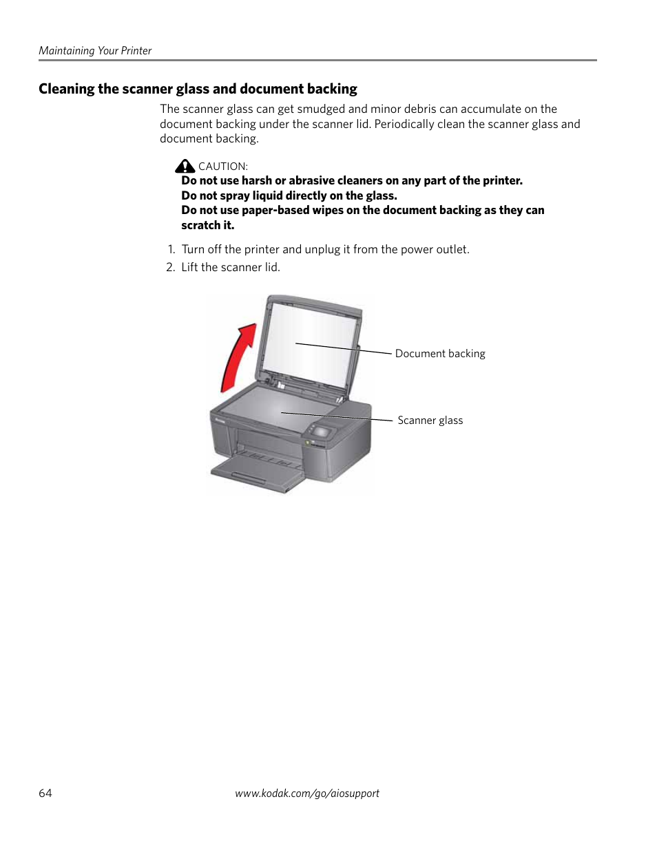 Cleaning the scanner glass and document backing | Kodak ESP 1.2 User Manual | Page 69 / 100