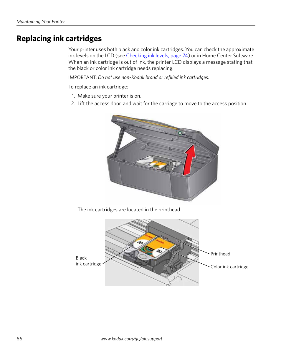 Replacing ink cartridges | Kodak ESP 1.2 User Manual | Page 71 / 100