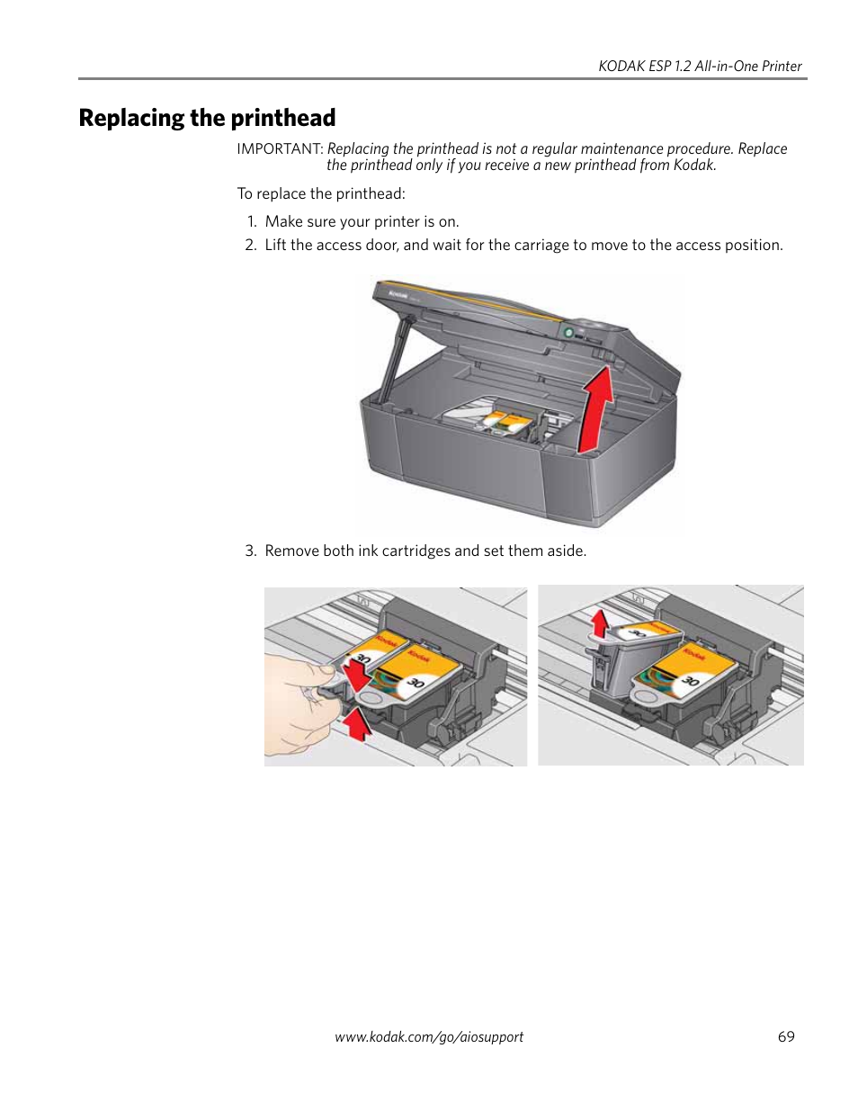 Replacing the printhead | Kodak ESP 1.2 User Manual | Page 74 / 100