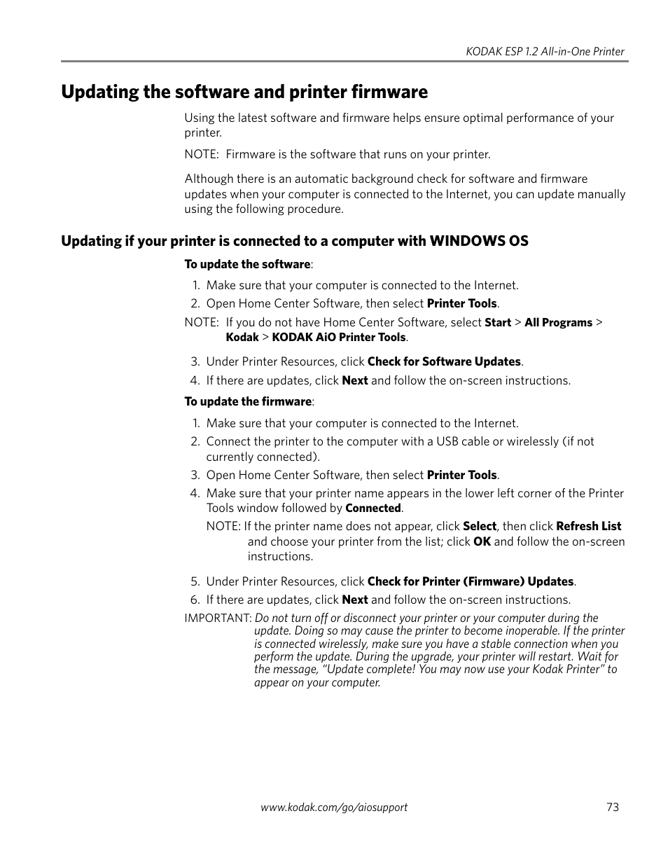 Updating the software and printer firmware | Kodak ESP 1.2 User Manual | Page 78 / 100