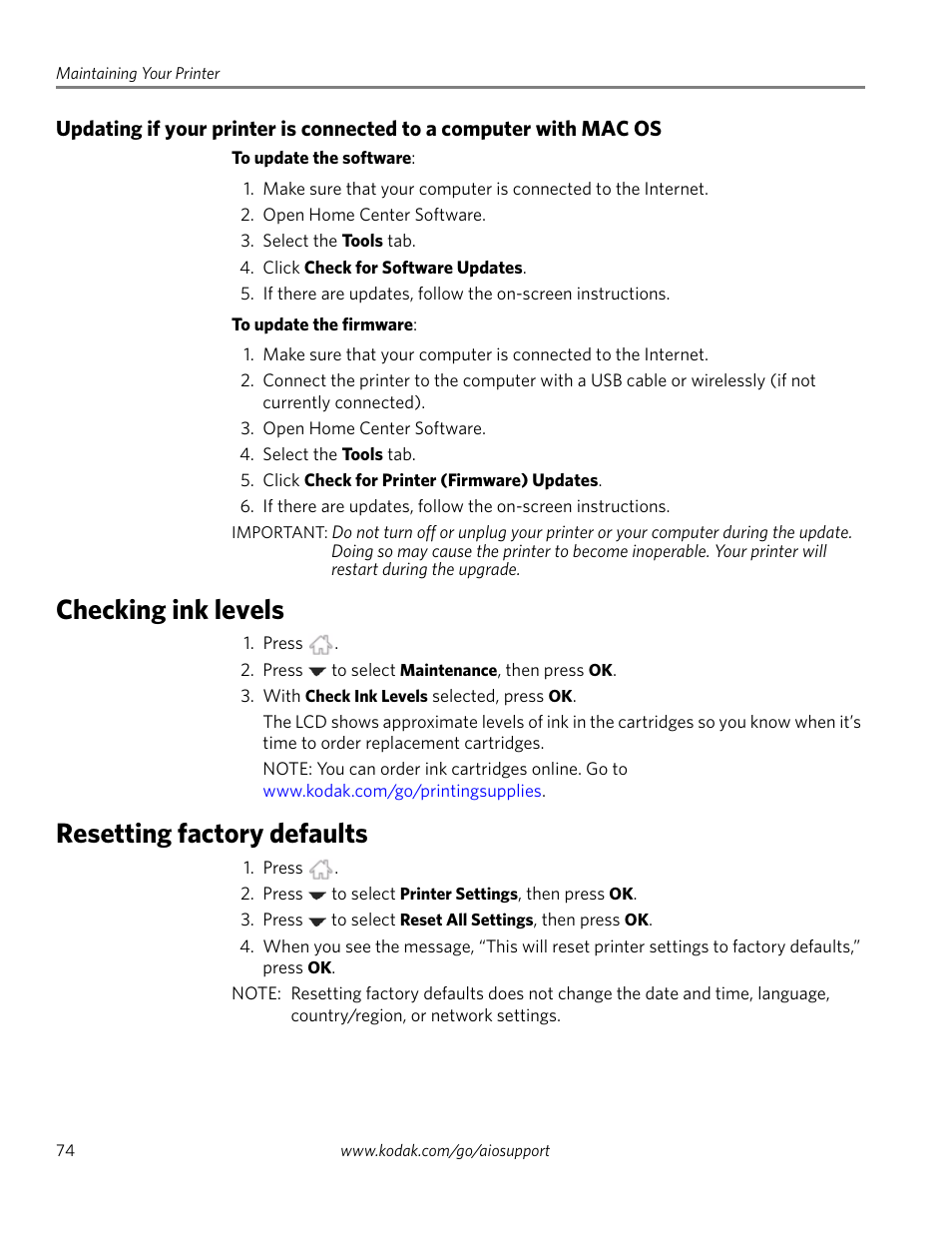 Checking ink levels, Resetting factory defaults, Checking ink levels resetting factory defaults | Resetting factory | Kodak ESP 1.2 User Manual | Page 79 / 100