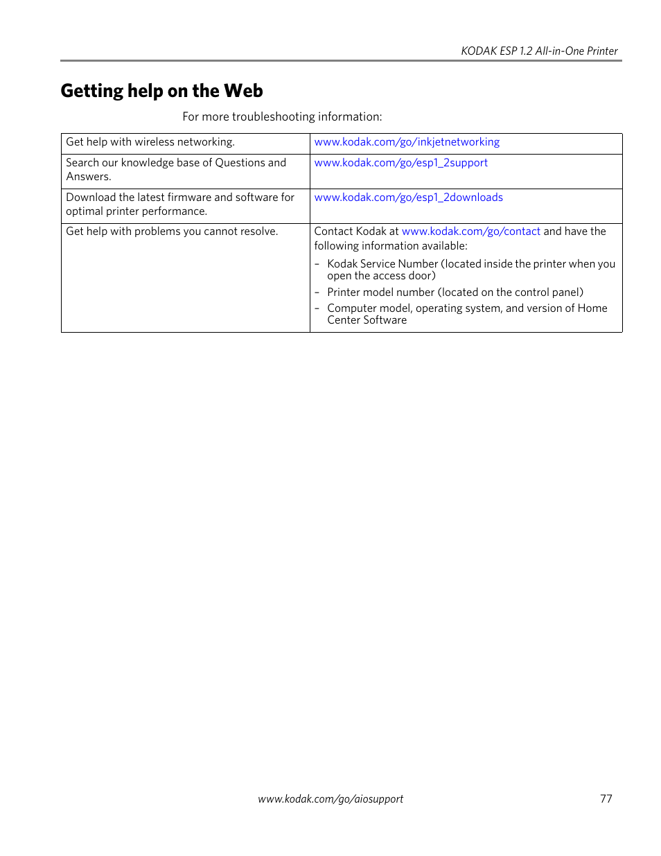 Getting help on the web | Kodak ESP 1.2 User Manual | Page 82 / 100