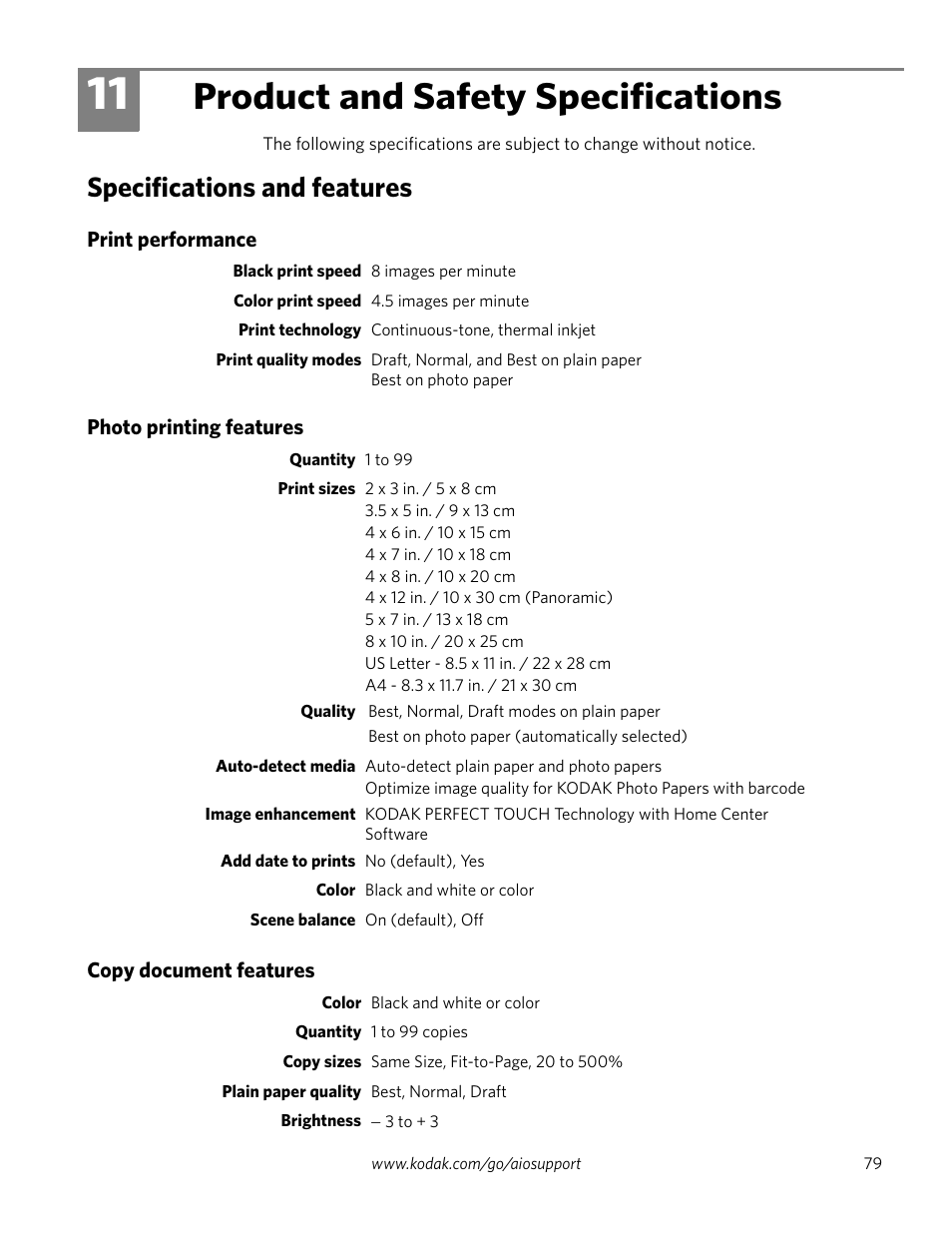 Product and safety specifications, Specifications and features, Print performance | Photo printing features, Copy document features, 11 product and safety specifications | Kodak ESP 1.2 User Manual | Page 84 / 100