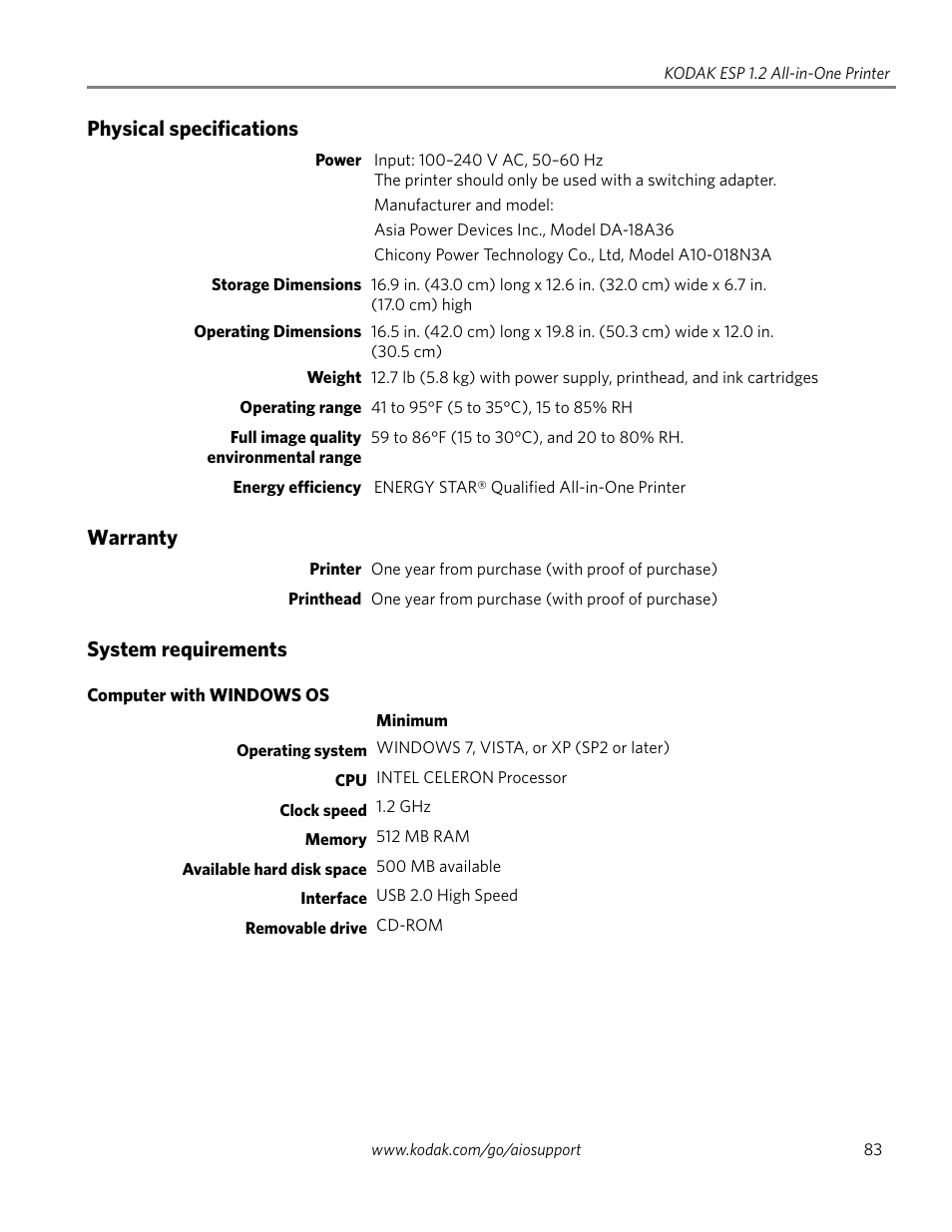 Physical specifications, Warranty, System requirements | Computer with windows os | Kodak ESP 1.2 User Manual | Page 88 / 100