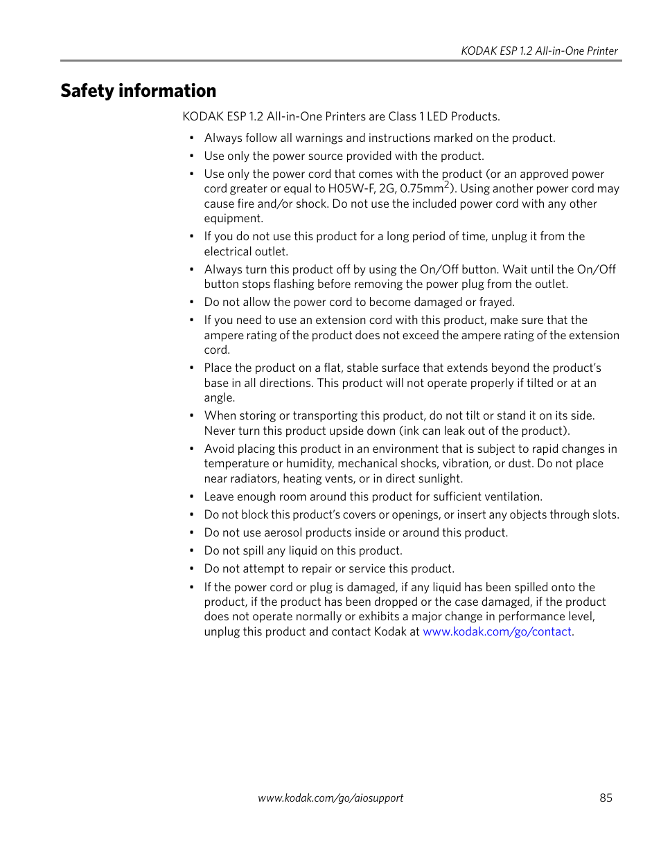 Safety information | Kodak ESP 1.2 User Manual | Page 90 / 100