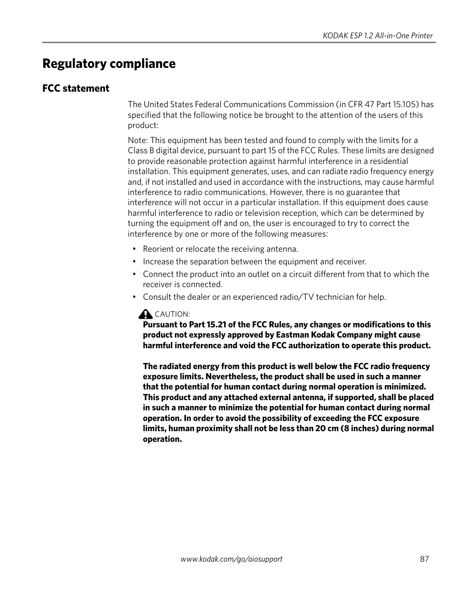 Regulatory compliance, Fcc statement | Kodak ESP 1.2 User Manual | Page 92 / 100