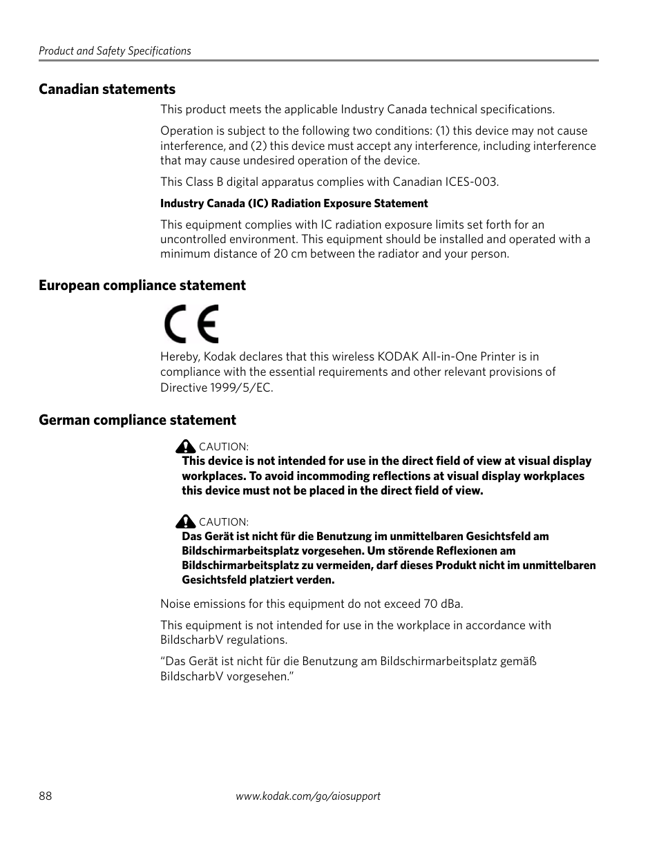 Canadian statements, European compliance statement, German compliance statement | Kodak ESP 1.2 User Manual | Page 93 / 100