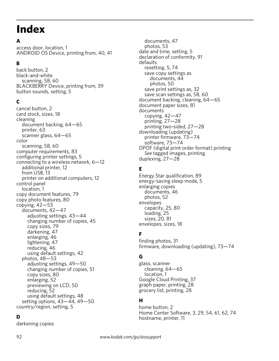 Index | Kodak ESP 1.2 User Manual | Page 97 / 100