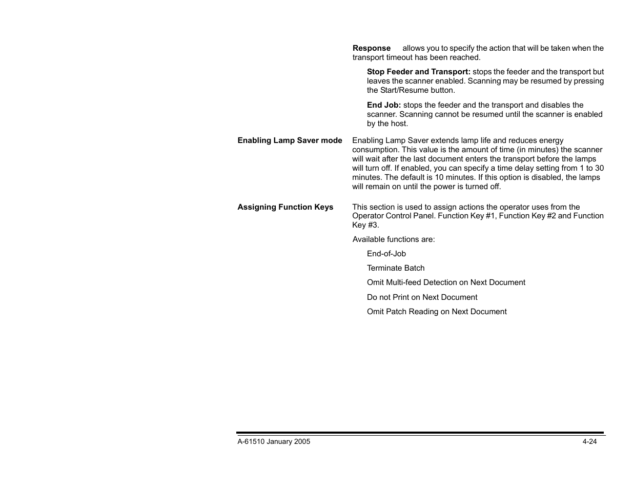 Enabling lamp saver mode, Assigning function keys, Enabling and setting document printer options | Kodak i800 Series User Manual | Page 105 / 123