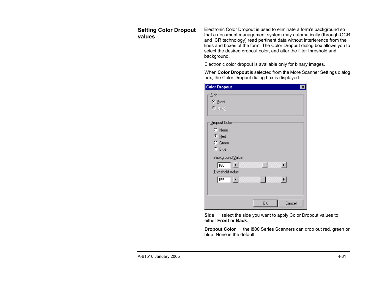 Setting color dropout values | Kodak i800 Series User Manual | Page 112 / 123