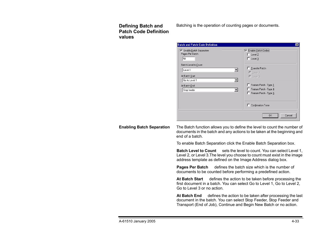 Defining batch and patch code definition values, Enabling batch separation, Enabling patch codes | Kodak i800 Series User Manual | Page 114 / 123