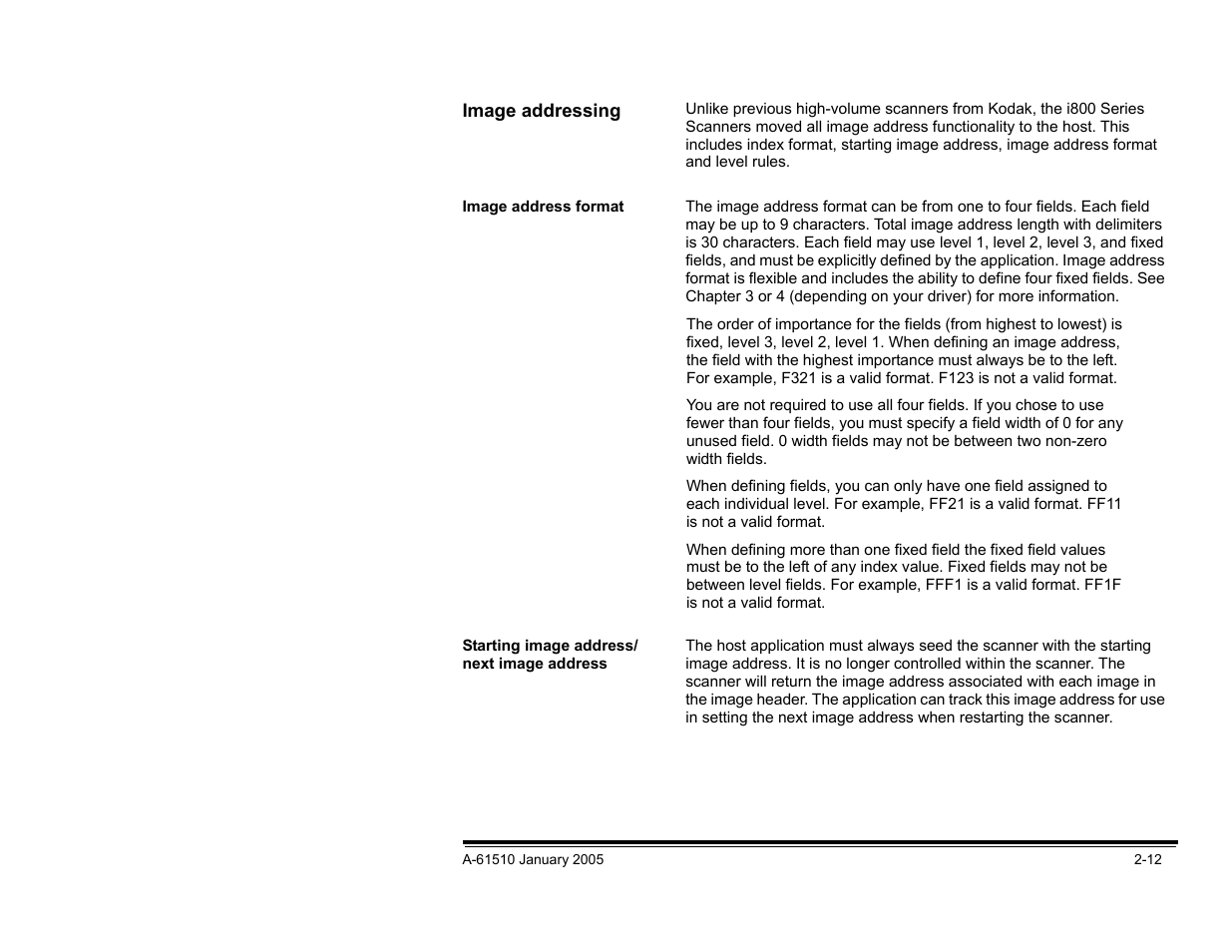 Image addressing, Image address format, Starting image address/next image address | Kodak i800 Series User Manual | Page 18 / 123