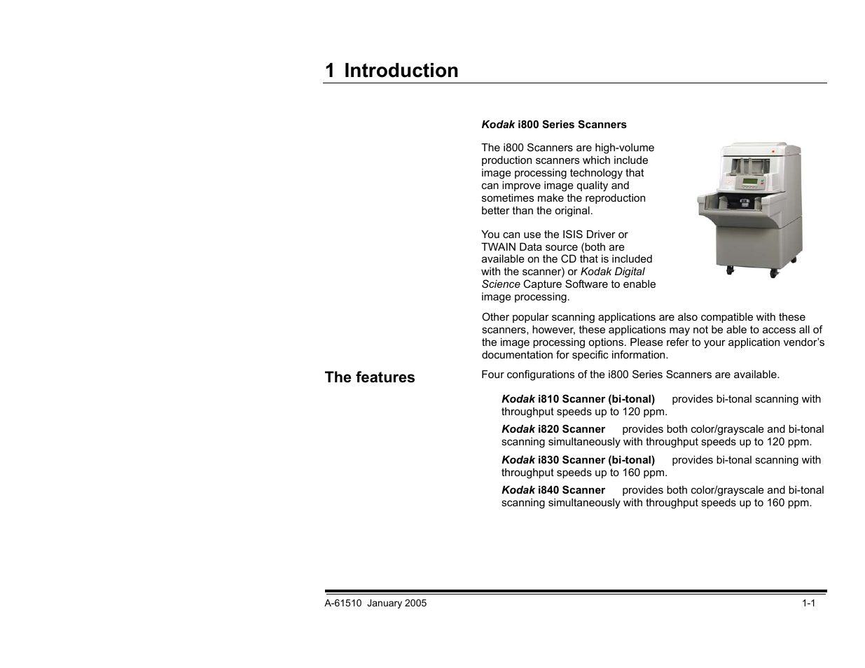 1 introduction, The features | Kodak i800 Series User Manual | Page 3 / 123