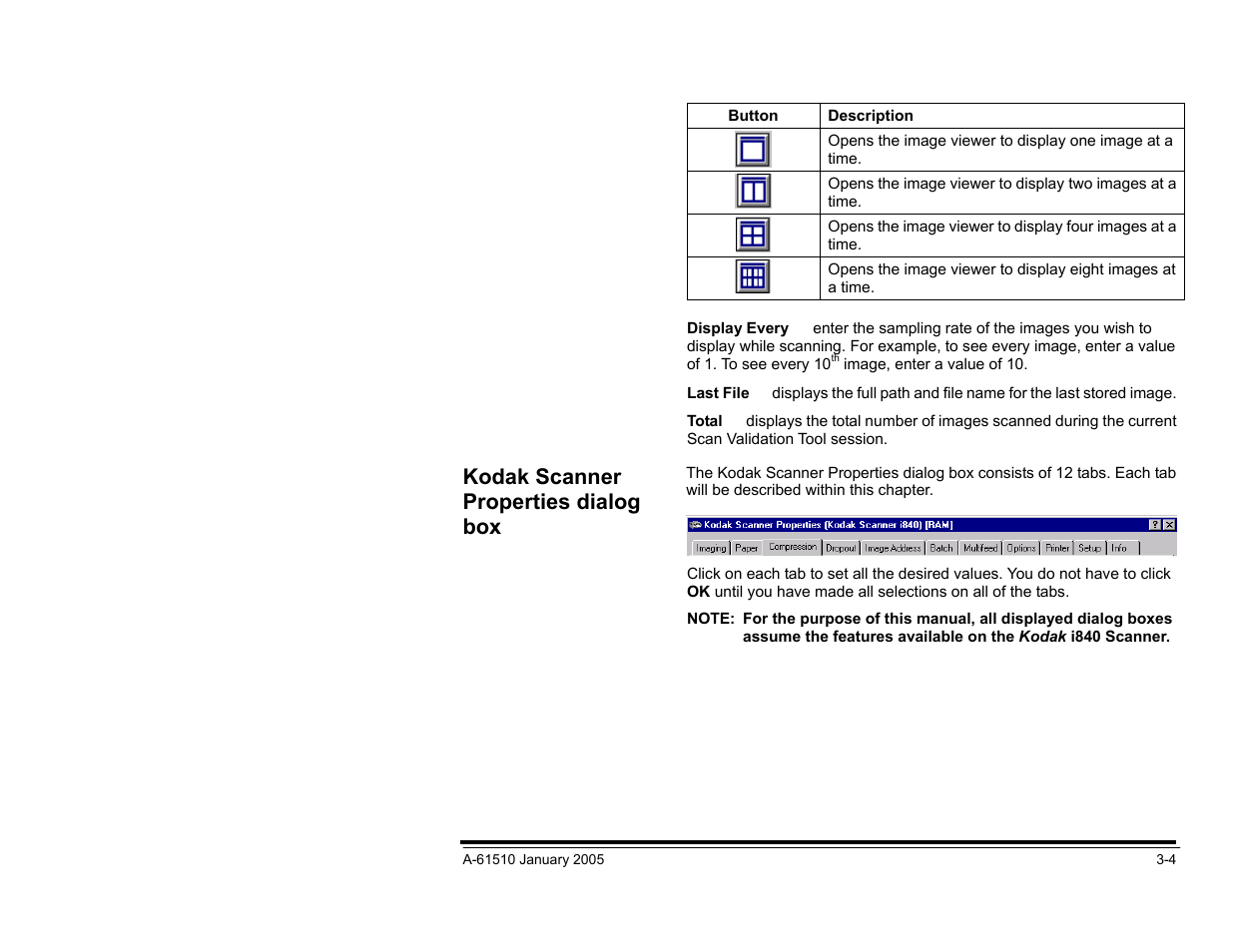 Kodak scanner properties dialog box, Buttons on the kodak scanner properties dialog box | Kodak i800 Series User Manual | Page 44 / 123