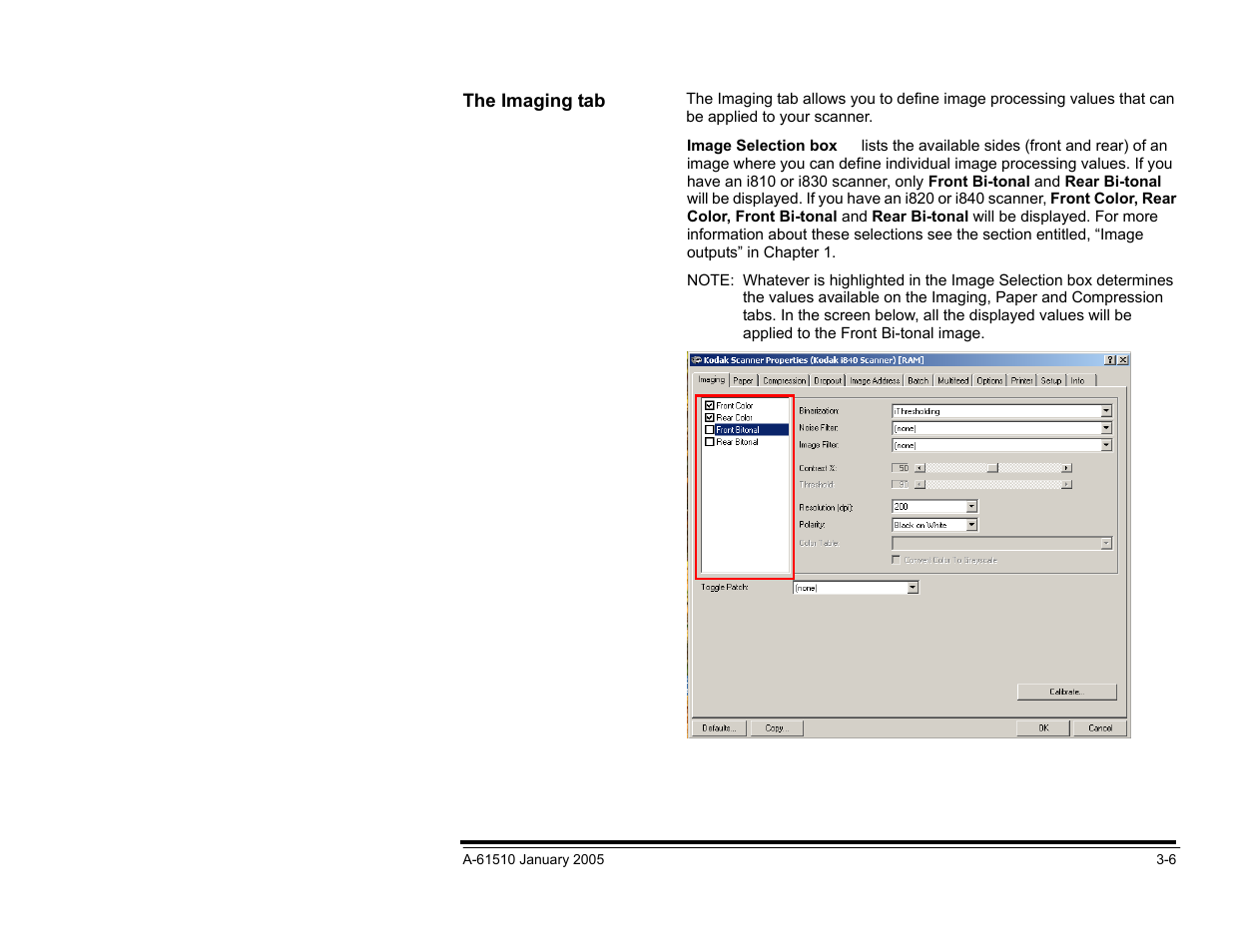 The imaging tab, Scanning bi-tonal images | Kodak i800 Series User Manual | Page 46 / 123