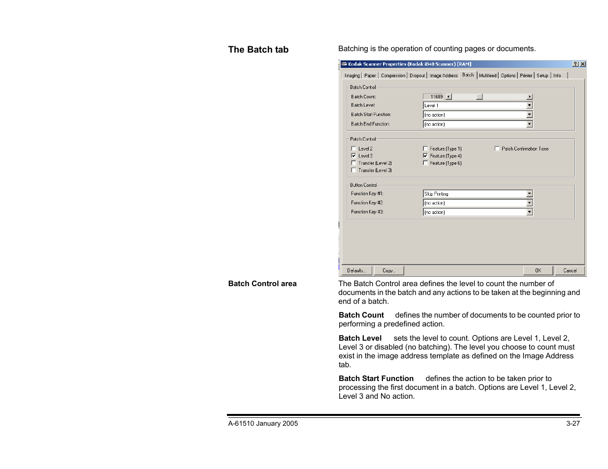 The batch tab, Batch control area | Kodak i800 Series User Manual | Page 67 / 123