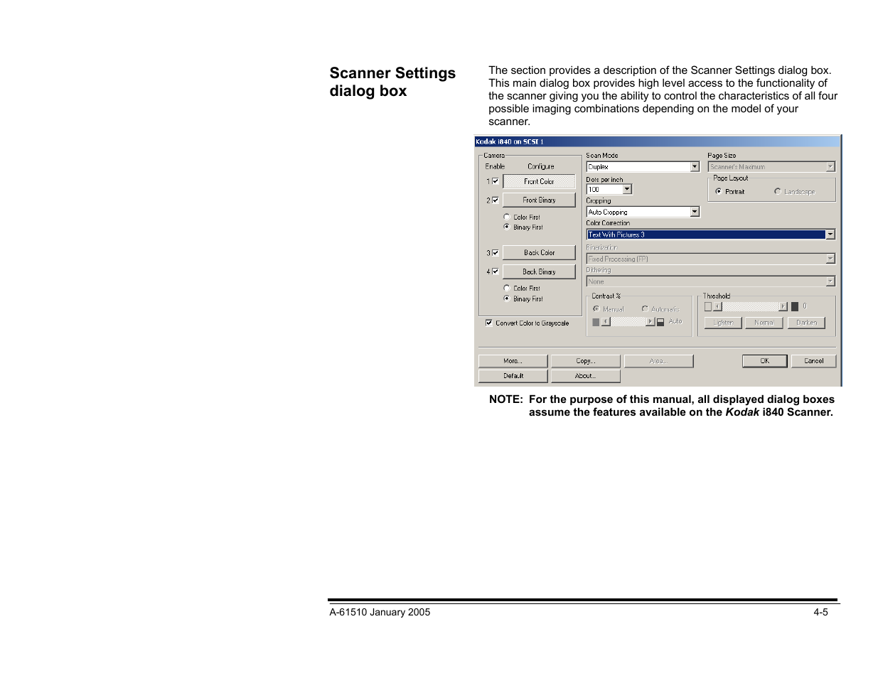 Scanner settings dialog box | Kodak i800 Series User Manual | Page 86 / 123