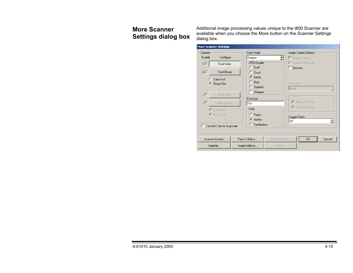 More scanner settings dialog box, Camera settings area | Kodak i800 Series User Manual | Page 96 / 123