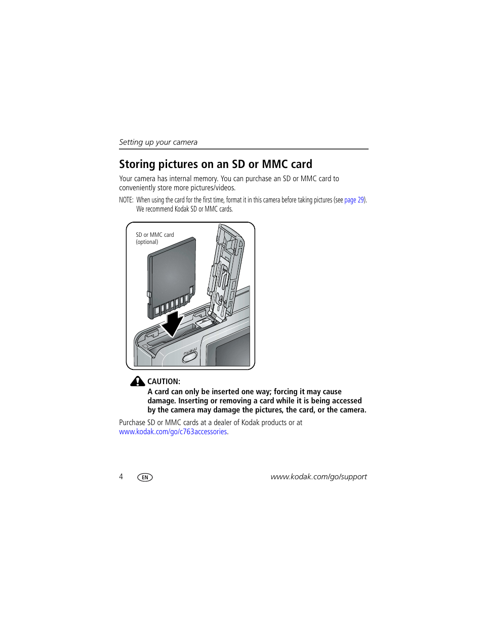 Storing pictures on an sd or mmc card | Kodak EASYSHARE C763 User Manual | Page 10 / 63