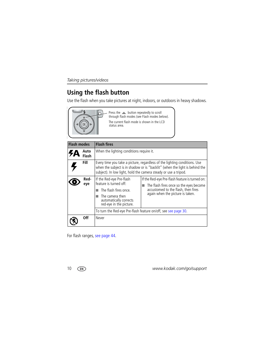 Using the flash button | Kodak EASYSHARE C763 User Manual | Page 16 / 63