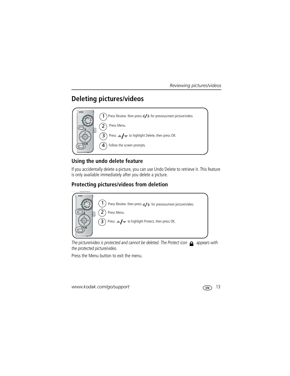 Using the undo delete feature, Protecting pictures/videos from deletion, Deleting pictures/videos | Kodak EASYSHARE C763 User Manual | Page 19 / 63