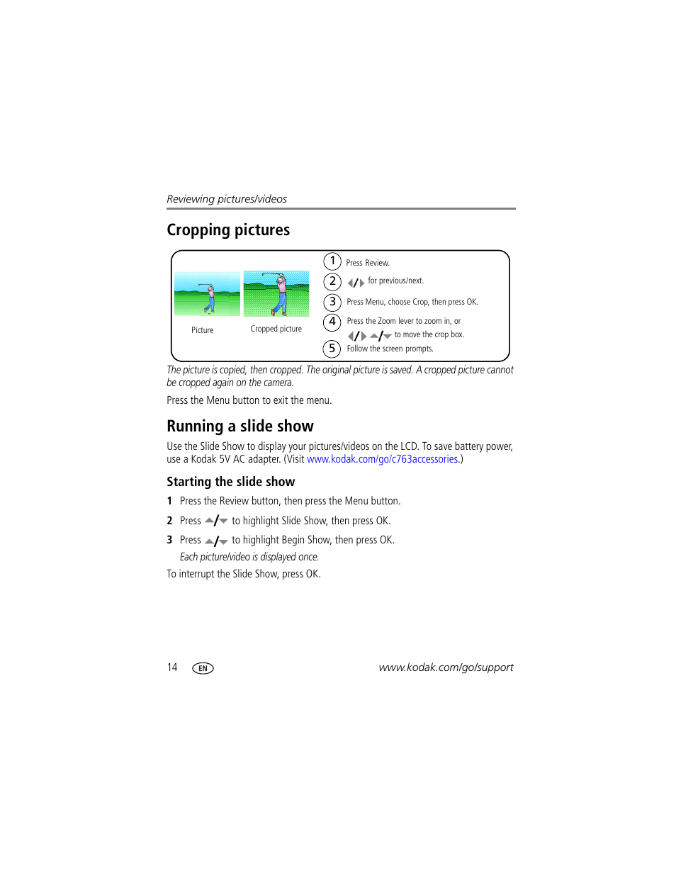 Running a slide show, Starting the slide show, Cropping pictures running a slide show | Cropping pictures | Kodak EASYSHARE C763 User Manual | Page 20 / 63