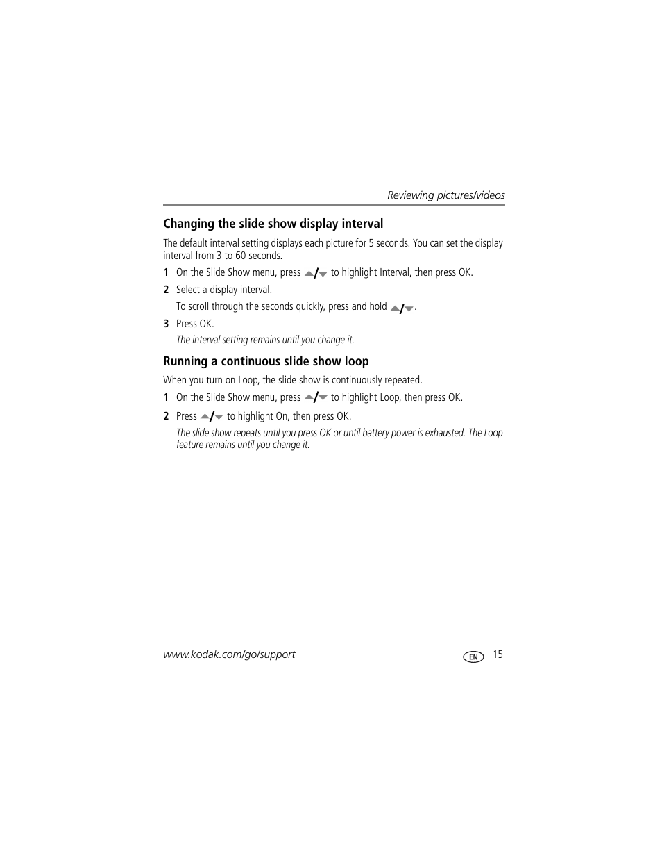 Running a continuous slide show loop | Kodak EASYSHARE C763 User Manual | Page 21 / 63