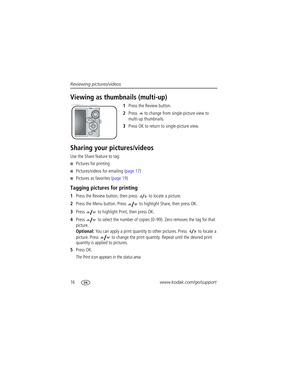 Sharing your pictures/videos, Tagging pictures for printing, Viewing as thumbnails (multi-up) | Kodak EASYSHARE C763 User Manual | Page 22 / 63