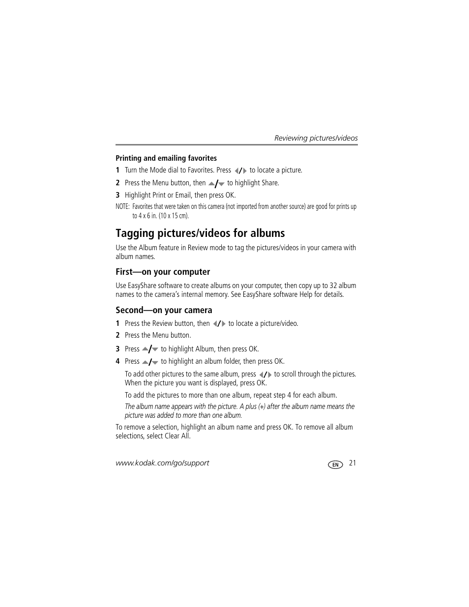 Printing and emailing favorites, Tagging pictures/videos for albums, First-on your computer | Second-on your camera | Kodak EASYSHARE C763 User Manual | Page 27 / 63