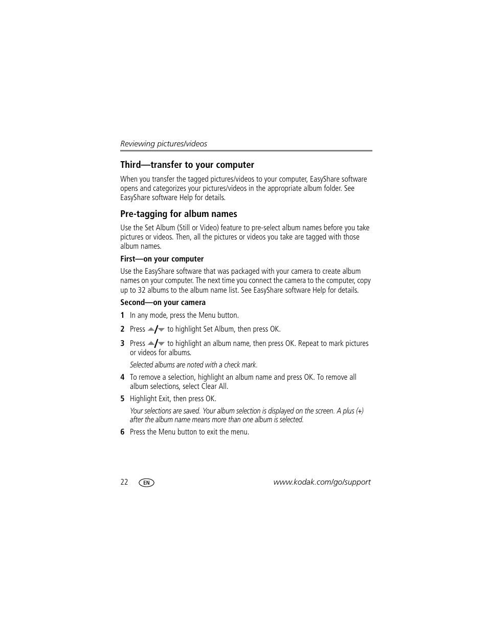 Third-transfer to your computer, Pre-tagging for album names, First-on your computer | Second-on your camera | Kodak EASYSHARE C763 User Manual | Page 28 / 63
