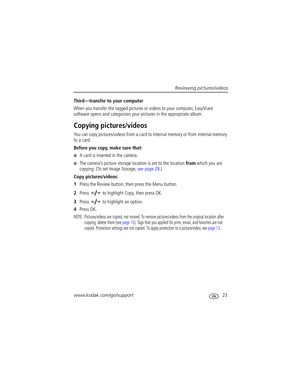 Copying pictures/videos | Kodak EASYSHARE C763 User Manual | Page 29 / 63