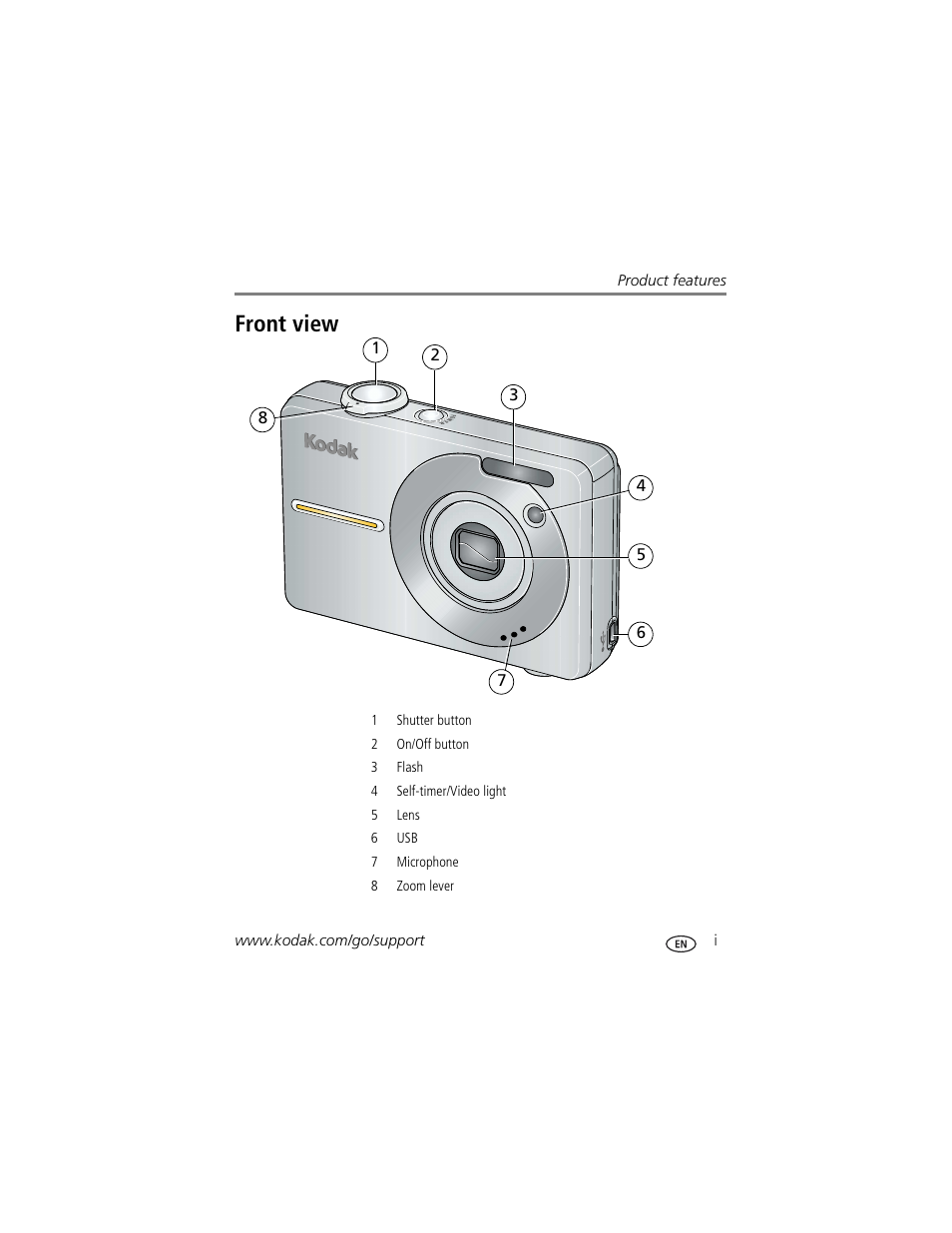 Product features, Front view | Kodak EASYSHARE C763 User Manual | Page 3 / 63